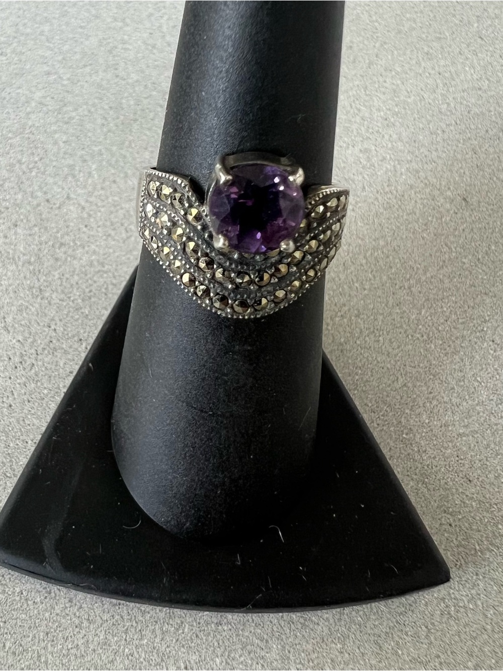 Vintage Art Deco Judith Jack Sterling Silver Amethyst Marcasites Ring Size 6.75